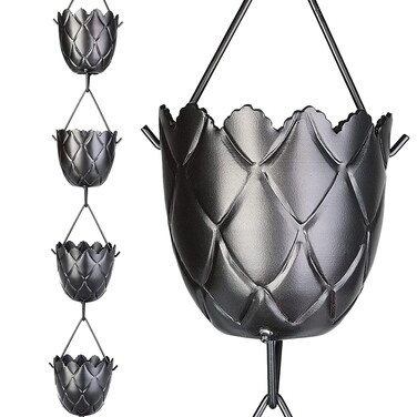 Rain Chains Pacific - Rain Chain Scalloped Cup 8.5 Ft - Black Powder Coated Aluminum - Elegant Rain Chains for Gutters