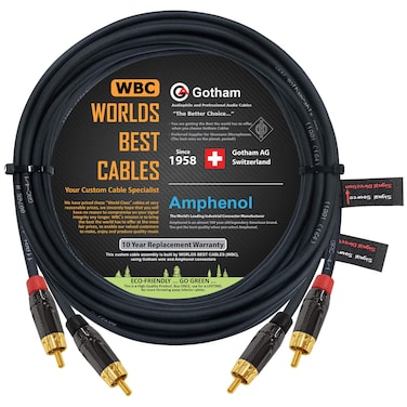 25 Foot RCA Cable Pair - Gotham GAC-4/1 (Black) Star-Quad Audio Interconnect Cable with Amphenol ACPL Black Chrome Body, Gold Plated RCA Connectors - Directional