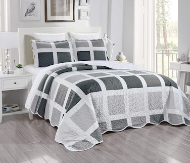 Masterplay 3-Piece Fine Printed Oversize (115" X 95") Quilt Set, Bedspread Coverlet King Size Bed Cover (Grey, Gray, White, Geometric)