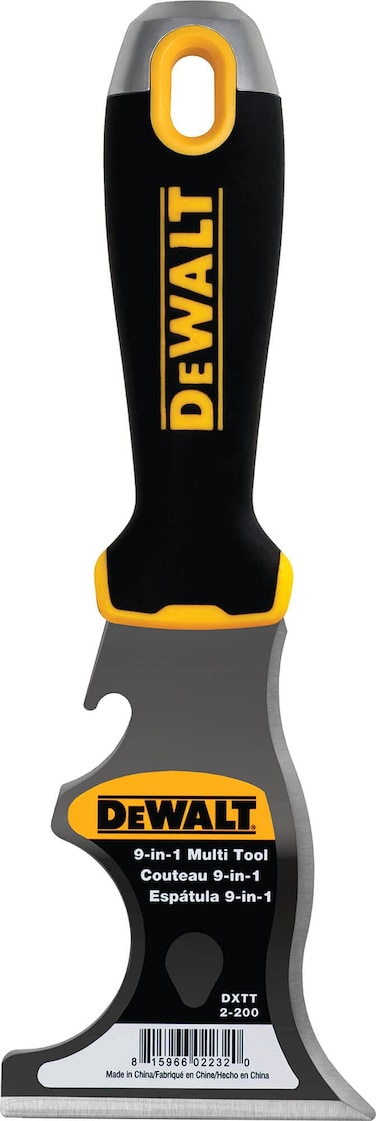 DEWALT 9-in-1 Painter's Tool   Straight Scraper, Curved Scraper, Gouger, Roller Cleaner, Can Opener, Bottle Opener, Nail Puller, Screwdriver, Hammer   Carbon Steel w/Soft Grip Handle   DXTT-2-200
