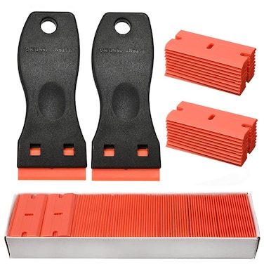 Sticker Scraper Tool Set include 120 Pcs 1.5 Inch Plastic Scraper Blades + 2 Pcs Plastic Razor Blade Scraper for Auto Vinyl Wrap Window Tint Glass Cleaning Adhesive Glue Paint Remove Plastic Scraper