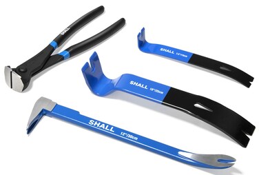 SHALL 4-Piece Pry Bar Set, 12-Inch Cats Paw Nail Puller, 10-Inch &amp; 7.5-Inch Flat Claw Pry Bars, 8-Inch End Cutting Pliers, Utility Wonder Crowbar, Nail Remover Tool for Baseboard, Floor, Nails Removal