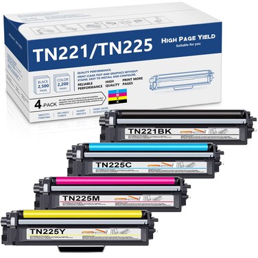 TN221 TN225 Toner Cartridges High Yield Replacement for Brother TN-225 TN-221 TN221BK Toner MFC-9130CW MFC-9330CDW HL-3170CDW HL-3140CW HL-3180CDW (1 Black, 1 Cyan, 1 Magenta, 1 Yellow, 4 Pack)