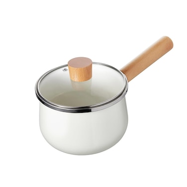 Enamel Cast Iron Milk Pan with Lid, 6.3 Inch Baby Complementary Food Pot Saucepan with Wooden Handle, Healthy Soup Pot Cookware (White)