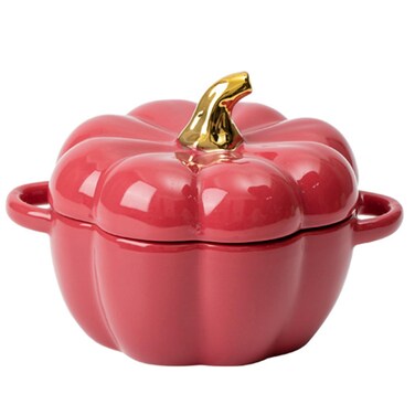 Dutch Oven Pot with Lid, Pumpkin Pottery Dessert Saucepan, Mini Baking Dish Cute Pumpkin Bowl, Covered Dutch Oven Ceramic Stockpot, Pumpkin-Shaped Casserole (Red)
