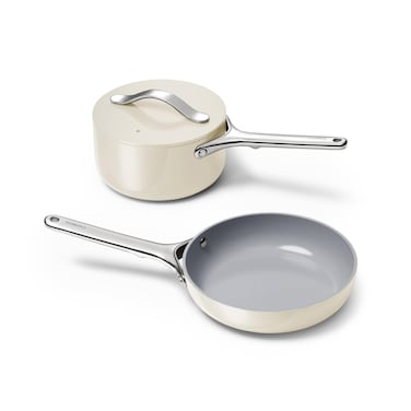 Caraway Mini Cookware Set - Non-Stick Ceramic Fry Pan (1.05 qt, 8") Sauce Pan (1.75 qt) &amp; Storage Rack - Non Toxic, PTFE &amp; PFOA Free - Oven Safe &amp; Stovetop Agnostic (Gas, Electric &amp; Induction) - Cream