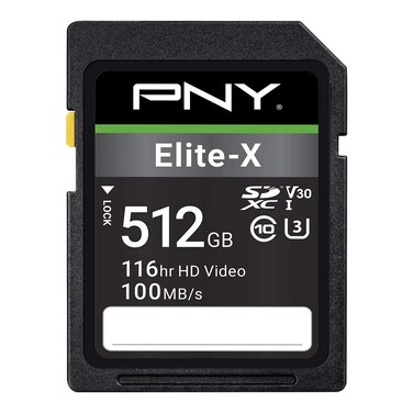 PNY 512GB Elite-X Class 10 U3 V30 SDXC Flash Memory Card - 100MB/s, Class 10, U3, V30, 4K UHD, Full HD, UHS-I, Full Size SD (Pack of 1)