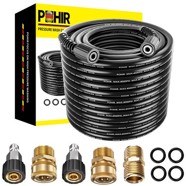 POHIR Pressue Washer Hose 100ft with M22 Fittings, 4000 PSI High Pressure Power Washing Hose, Power washer Replacement Hose with M22 Extension Adapter and 4pcs M22 14mm to 3/8 Quick Connect
