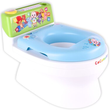 CoComelon Official Musical Transition Potty Trainer &acirc;&euro;&ldquo; Plays Potty Training Song   Transforms from Potty to Toilet Topper Seat   Easy to Clean with Handles, Splash Guard, Tracking Chart and Storage