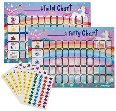 Amonev Unicorn Potty Training Reward Chart and Toilet Training Reward Chart for Boys and Girls Toddlers Twin Pack with 225 Star Stickers Included
