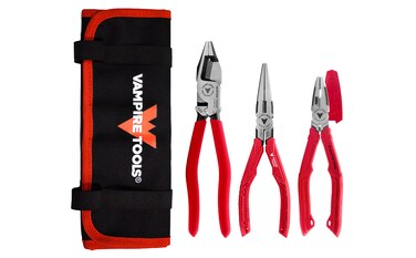 VAMPLIERS 3-Piece Screw Extractor Pliers Set. Includes 8.5" Linesman Shearing Pliers, 7.5" Long Nose, 7" BOSS &amp; Tool Pouch. Stripped Screw Remover Tools with Unique Non-Slip Jaws. Made in Japan.
