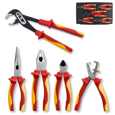 FESA Electrician Insulated Pliers Set - 1000V 5-Piece Professional Electrician Pliers Set with Chrome Vanadium (CR-V) Jaws &amp; Soft-Grip Traction Handles - 1000V Insulated Tools for Electricians