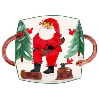 Vietri Old St. Nick Handled Square Platter, Artisan Collectible Ceramic Christmas Dish, 16.5" L, 12" W