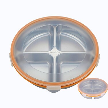 Triceratops Divided Serving Tray with Lid, Stainless Steel Vegetable Tray with Plastic Lid, Reusable Veggie Platter, Snack Box, Easy to Clean (4 Compartments, 50oz)