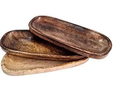 Handmade Rectangular Rustic Solid Wooden Serving Platter Trays Wood Grain Pattern Brown Dinnerware Home &amp; Table Decor Set of 3