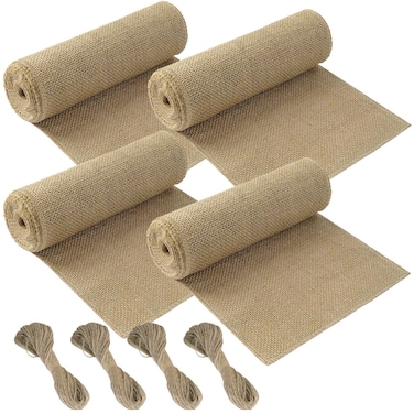 BOUTICOL 4 Rolls Natural Burlap Tree Wrap- 7.87 Incn x 16.4 Feet Burlap Fabric Tree Trunk Protector- Plant Antifreezing Bandage Burlap Wraps with Ropes for Keep Plant Warm and Moisturizing