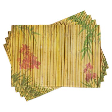 Lunarable Asian Themed Place Mats Set of 4, Lotus Flower Branches Background on Leafy Tropical Oriental Print, Washable Fabric Placemats for Dining Table, Standard Size, Lime Green Yellow Pink