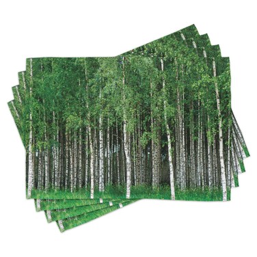 Lunarable Forest Place Mats Set of 4, Swedish Summer Landscape with Birch Trees and Trunks Northern Rural Seasonal Scenery, Washable Fabric Placemats for Dining Table, Standard Size, Green Grey