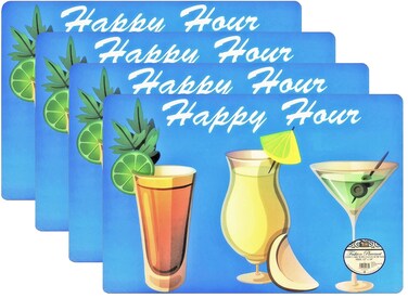 Set of 4 Happy Hour Design Placemats 12"x18" Sturdy Foam Backing Decoration Kitchen Table Place Mat