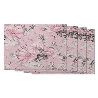 AOYEGO Flowers Placemats Set of 4 Elegant Pink Floral Rose and Leaves Petal Romantic Placemats for Dining Table 12X18 Inch Cotton Linen for Home Kitchen