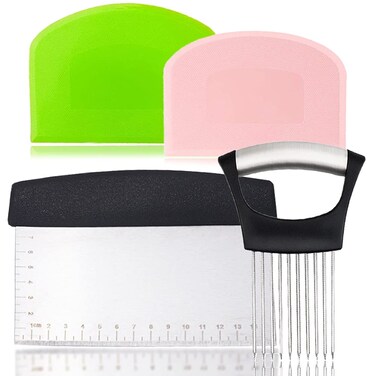 4 pcs Onion Holder and Scraper Chopper, BOSOIRSOU Multi-Purpose Stainless Steel Cutter for Kitchen, Plastic Dough Bowl Scraper Bread Pizza Cutter, Onion Holder for Slicing Vegetable Potato Slicer