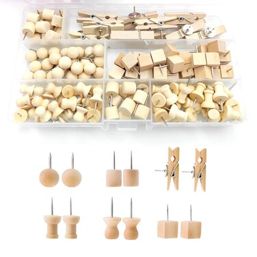 135 Pcs Wooden Push Pin, BetterJonny Creative Cork Nails Round Head Tacks Walnut Push Pins for Cork Board Soft Wood, Woodworking Nails for Bulletin Cork Board Office Map Marking