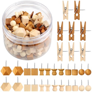 120Pcs Wooden Thumb Tacks, Wood and Brown Push Pins, 7 Shapes Push Pins for Cork Board Decoration Tacks, Push Pins for Wall for Bulletin Boards, Cork Boards, Whiteboards, Photo Walls, Crafts Project