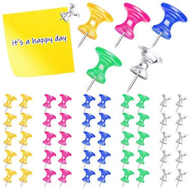 SPEESJOY 60Pcs Gaint Push Pins, Large Jumbo Clear Pins Heavy Duty, Thumb Tacks Big for Wall Long, Hanging, Bulletin Cork Board, Canvas Painting ( Yellow, Pink, Blue, Clear, Green), 3 inches