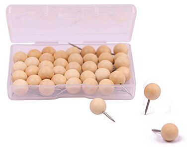 Tupalizy Round Wooden Map Thumb Tacks Unfinished Natural Wood Push Pins with Steel for Photos, Corkboard, Calendar and DIY Craft Project, Pack of 40