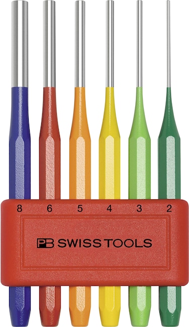PB Swiss Tools - 6 Rainbow Coloured Pin Punch, Drift Punch, Octagonal all with Handles, Model #755.BL RB CN, Set in a Practical Plastic Holder