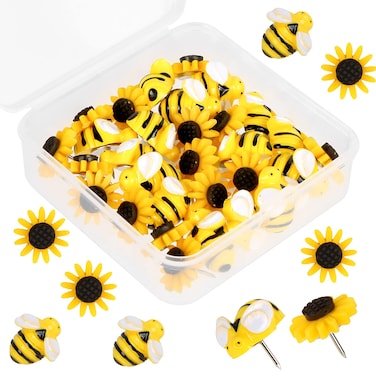 DREMISI 30 Pieces Bee Push Pins Sunflower Push Pins Cute Bee Thumb Tacks Decorative Sunflower Thumbtacks Cork Board Tacks for Photos Wall Maps Bulletin Board Offices Schools Supplies DIY Decoration