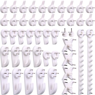 H&amp;S Picture Hanging Hooks Set for Brick Walls - 53 Pieces White Plastic Frame Hangers Without Nails for Frames and Canvas - No Nail Picture Hangers for Hard Walls