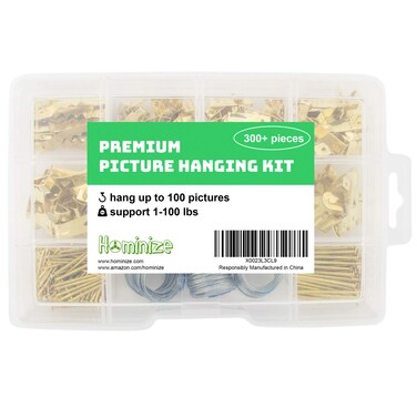 Picture Hanging Kit - Premium 300+ Piece Assortment with Picture Hangers, Hooks, Nails, Wires, Sawtooth Hangers, D Rings, Screw Eyes and Hardware for Hanging Frames