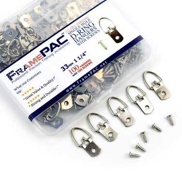FramePac D-Ring Single Hole Picture Hangers with Screws [100 Pack] - (AKA Picture Hanging Hardware, Picture Frame Hanger, Picture Hanger Hooks, Picture Hooks for Hanging)