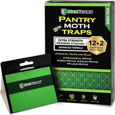 MAXGUARD Pantry Moth Traps (12 Pack +2 Free) with Extra Strength Pheromones   Non-Toxic Sticky Glue Trap for Food and Cupboard Moths in Your Kitchen   Trap and Kill Seed Grain Flour Meal Moths