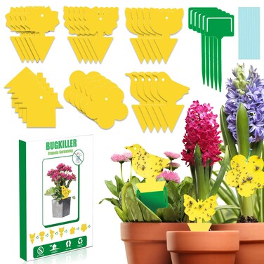 BUGKILLER 30PCS Yellow Fruit Fly Traps for Indoors, Fungus Gnats Sticky Traps for Plants, Gnat Traps for House Indoor, Used for Mosquitoes, Whiteflies, Thrips, Leaf Miners...(Non-Toxic, Dual Sided)