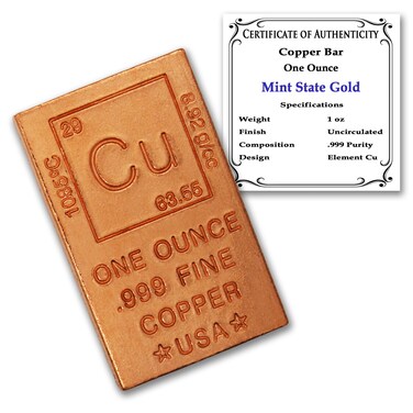 1 oz Copper Bar (Flat Style) .999 Pure Bullion with Periodic Table Element Design (1)