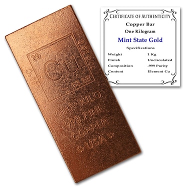 1 Kilo Copper Bar (Flat Style) .999 Pure Bullion with Periodic Table Element Design (1 kg) by Mint State Gold