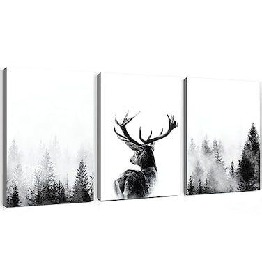 Canvas Wall Art Forest Landscape Black And White Prints Black And White Elk Picture Wild Animal Posters Elk Canvas Black And White Landscape Painting Elk Artwork Modern Nature Art 16x24inchx3 No Frame