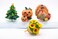 Christmas Paper Towel Holder - White Wooden Paper Towel Stand for Countertop with 4 Holiday Seasonal Tops - Halloween Jack-O-Lantern, Turkey, Christmas Tree Bonus Summer Top - Holiday Kitchen Decor