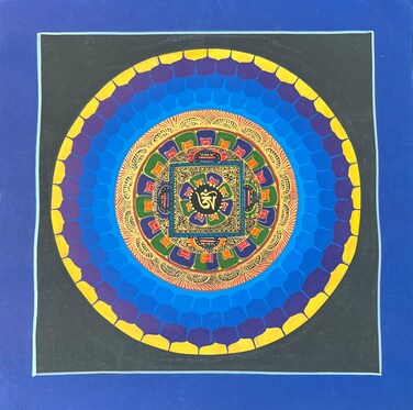QT Om Vajra Chakra Mantra Thangka, 100% Hand Painting on Cotton Cloth Canvas Sacred Thangka Illuminated Manuscript Thanka for Good Luck Tibetan Wall Decoration Painting Handmade In Nepal