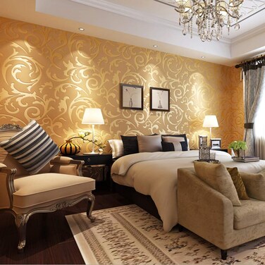 DAWEI Modern Minimalist Nordic 3D Damask Flowers Palace Wallpaper Bedroom Restaurant Hotel TV Background Wall 1.73'W x 32.8'L Non-Pasted (Gold Yellow)