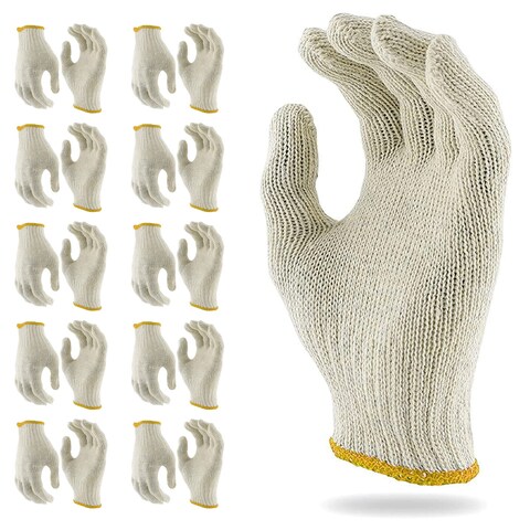ABC 12 pairs String Knit Work Gloves, 10 Inch.Cotton and Polyester String Knit Gloves. Reusable Roping Gloves for Men and Women with Yellow Line. Breathable Polyester and Cotton Knit Gloves for BBQ