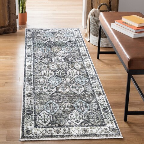 Bloom Rugs Caria Washable Non-Slip 10 ft Runner - Beige/Olive Traditional Runner for Entryway, Hallway, Bathroom, and Kitchen - Exact Size: 2&#39;6&quot; x 10&#39;