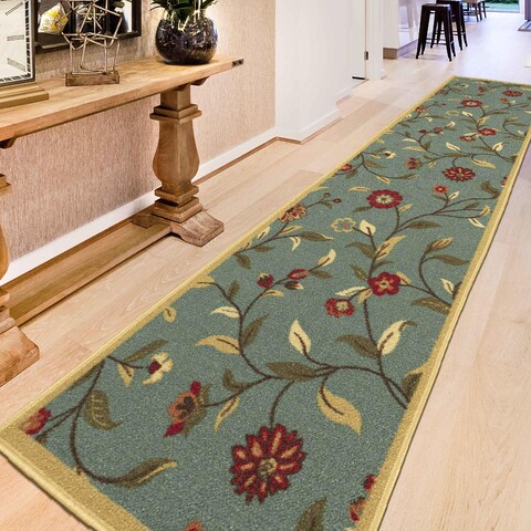 Machine Washable Floral Leaves Design Non-Slip Rubberback 3x10 Traditional Runner Rug for Hallway, Kitchen, Bedroom, Living Room, 2&#39;7&quot; x 9&#39;10&quot;, Seafoam Green