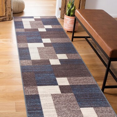 Modern Boxes Design Non-Slip (Non-Skid) Runner Rug 2' X 7' (22" X 84") Blue
