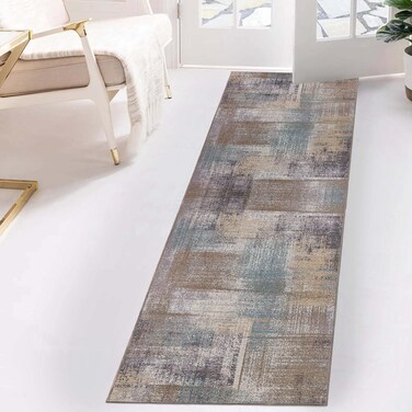 Superior Indoor Runner Rug, Non-Slip Backing, for Kids or Pets, Entry, Living Room, Kitchen, Dorm, Bedroom, Hallway, Machine Washable Rugs, Floor Cover, Patchwork, Ara Collection, 2' 7" x 12', Taupe