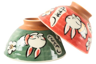 Mino ware Japanese Pottery Pair Rice Bowl Animal Pattern (set of 2) made in Japan (Japan Import) MIG009 (Happy Rabbit)