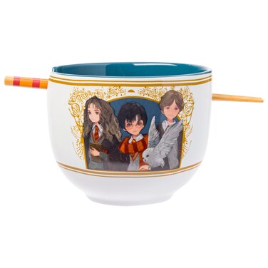 Silver Buffalo Harry Potter Trio Anime Style Ceramic Ramen Noodle Rice Bowl with Chopsticks, Microwave Safe, 20 Ounces