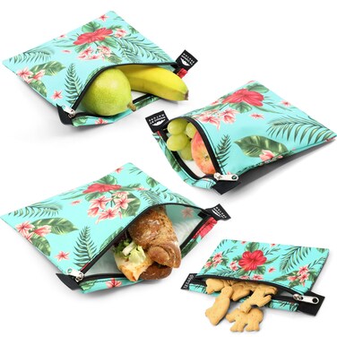 Nordic By Nature 4 Pack - Reusable Sandwich Bags Dishwasher Safe BPA Free - Durable Washable Quick Dry Cloth Baggies -Reusable Snack Bags school lunches - (Tropical Flowers)